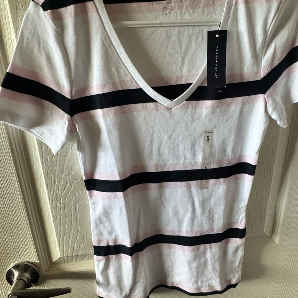 Tommy Hilfiger Women's V-Neck Stripe Tee in White, Pink & blueish black